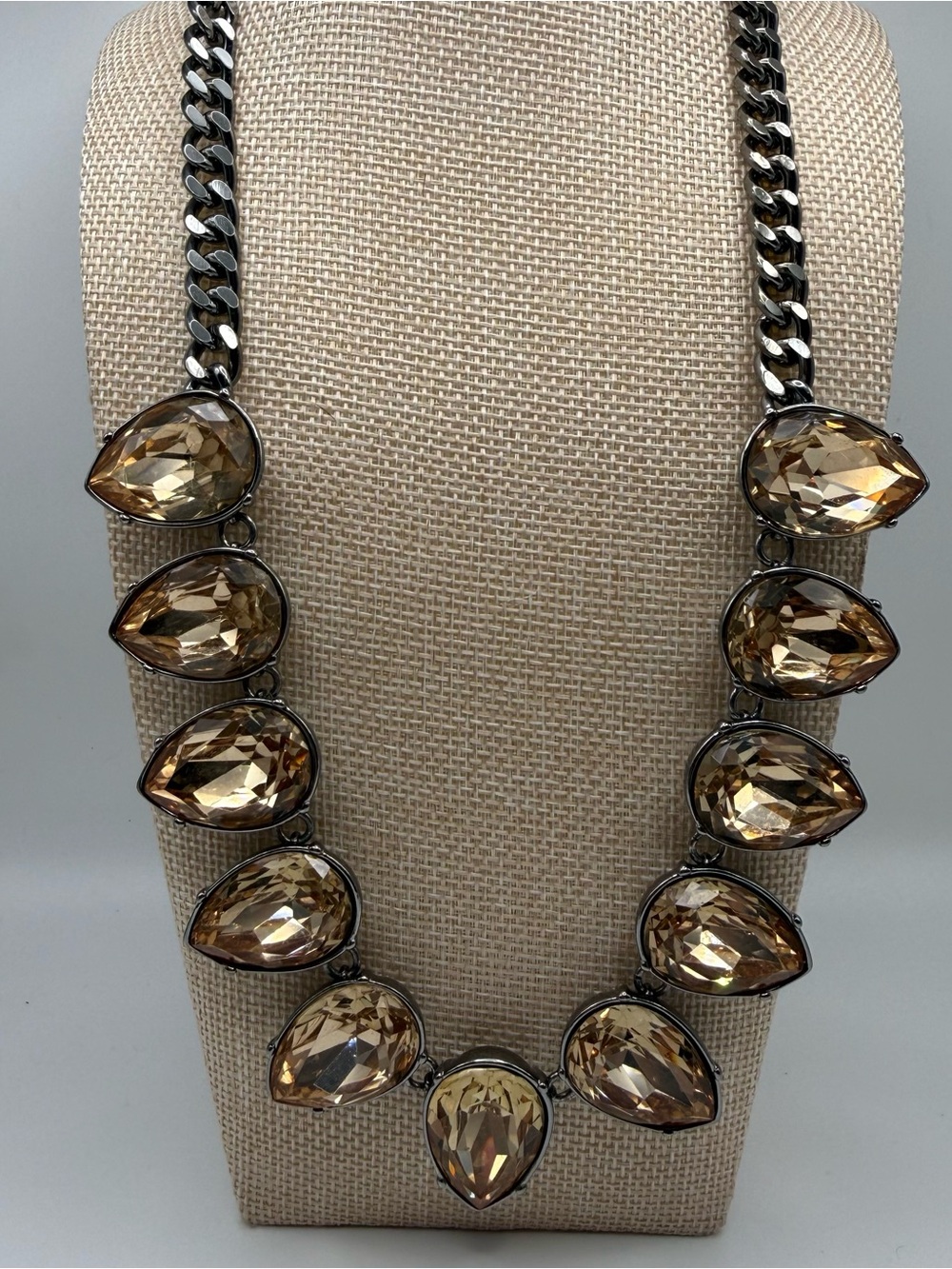 Lane Bryant Champagne Teardrop Crystal Necklace with Gunmetal Chain